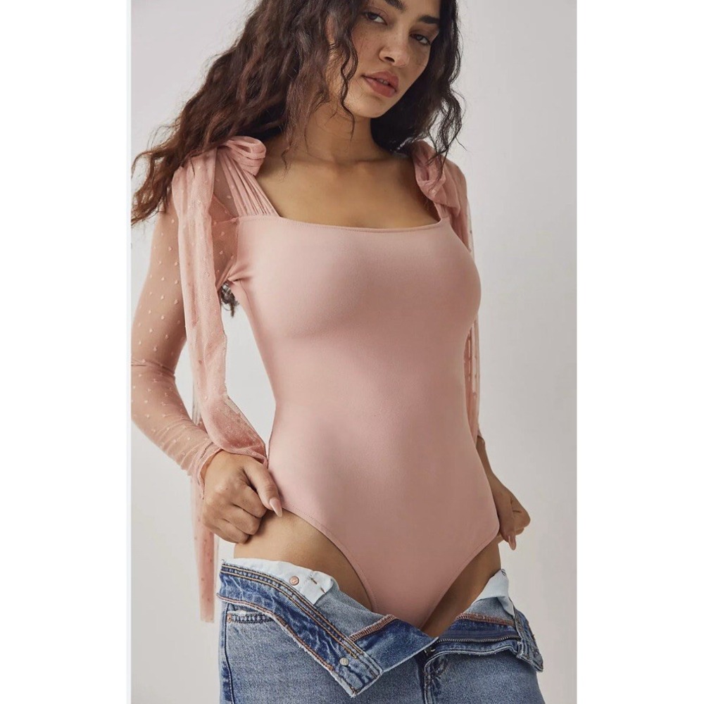 Intimately Free People Tongue Tied Bodysuit Pink Size Medium Sheer Lace Sleeves
